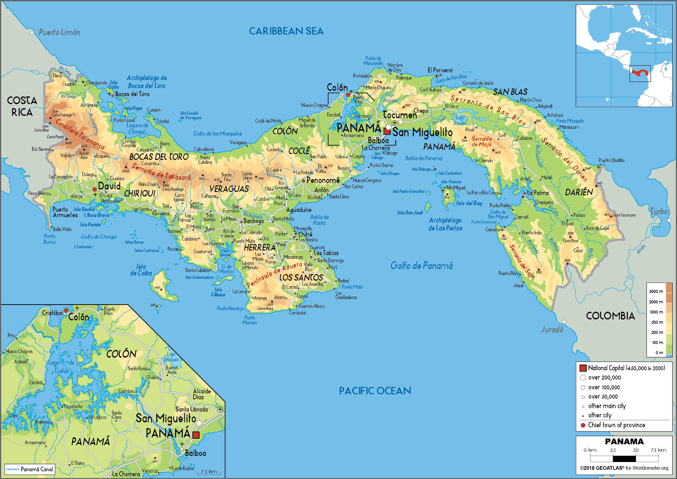 Panama Map Physical Worldometer