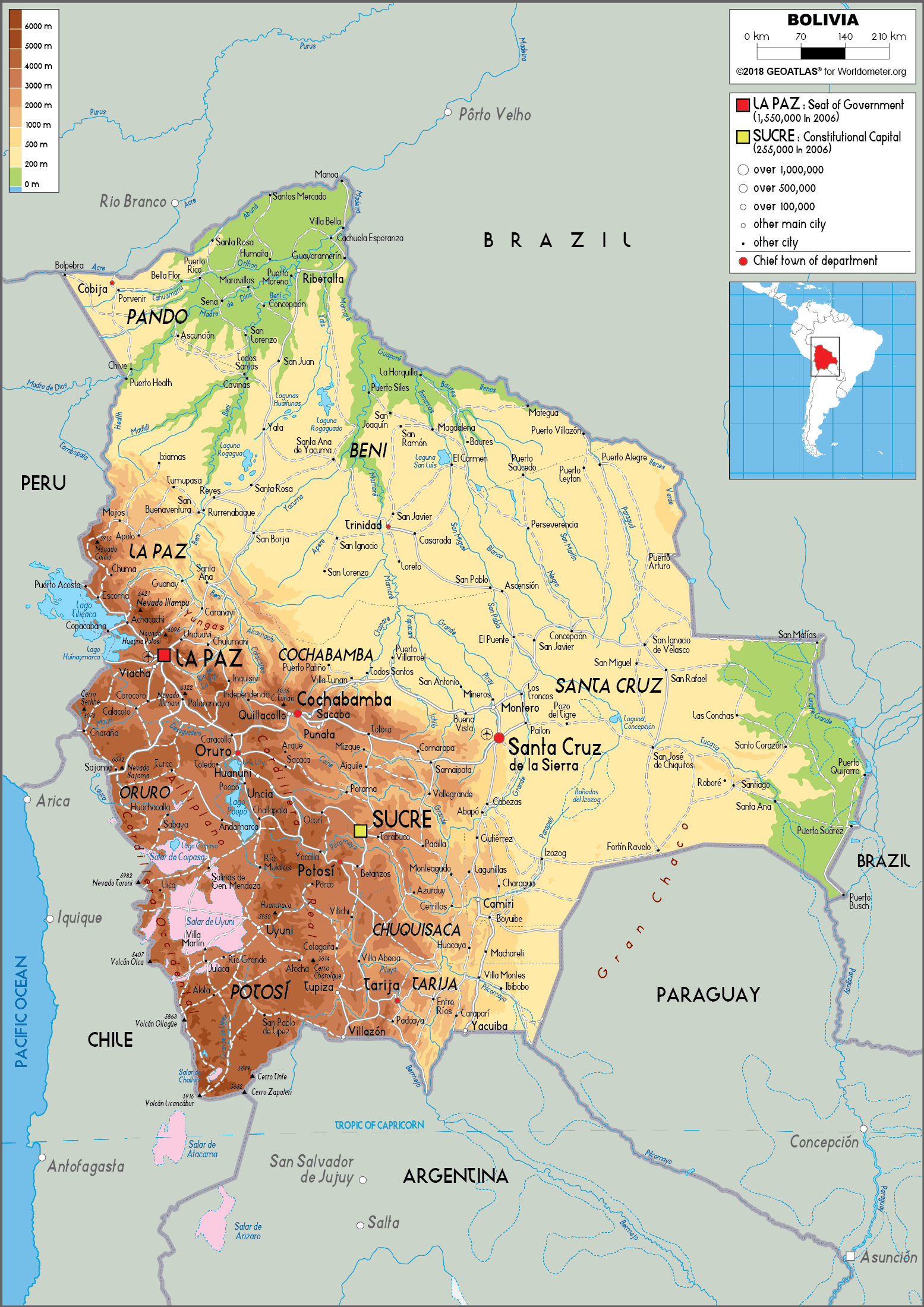Physical Map Of Bolivia Bolivia Map (Physical) - Worldometer