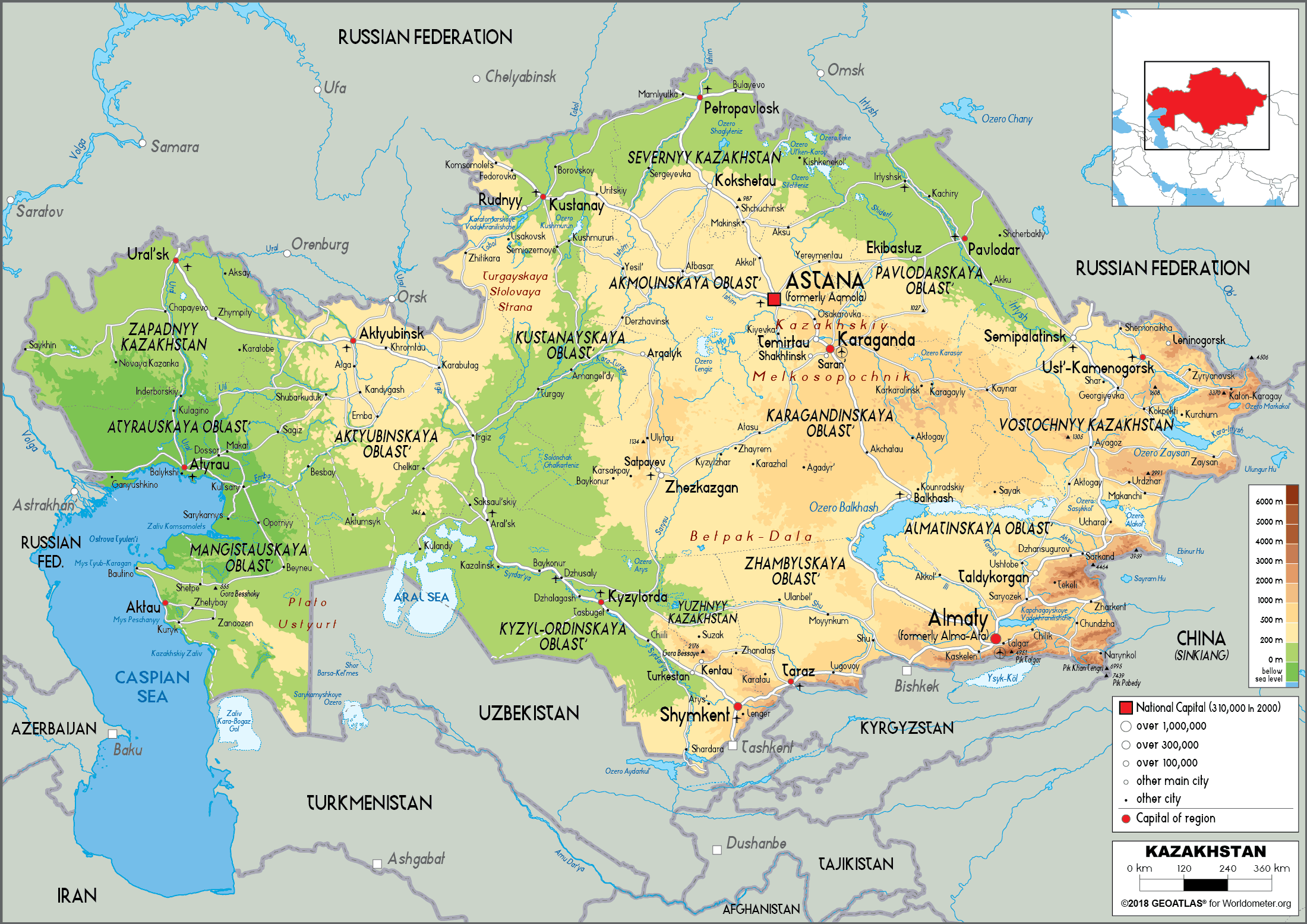 Physical Map Of Kazakhstan Kazakhstan Map (Physical)   Worldometer