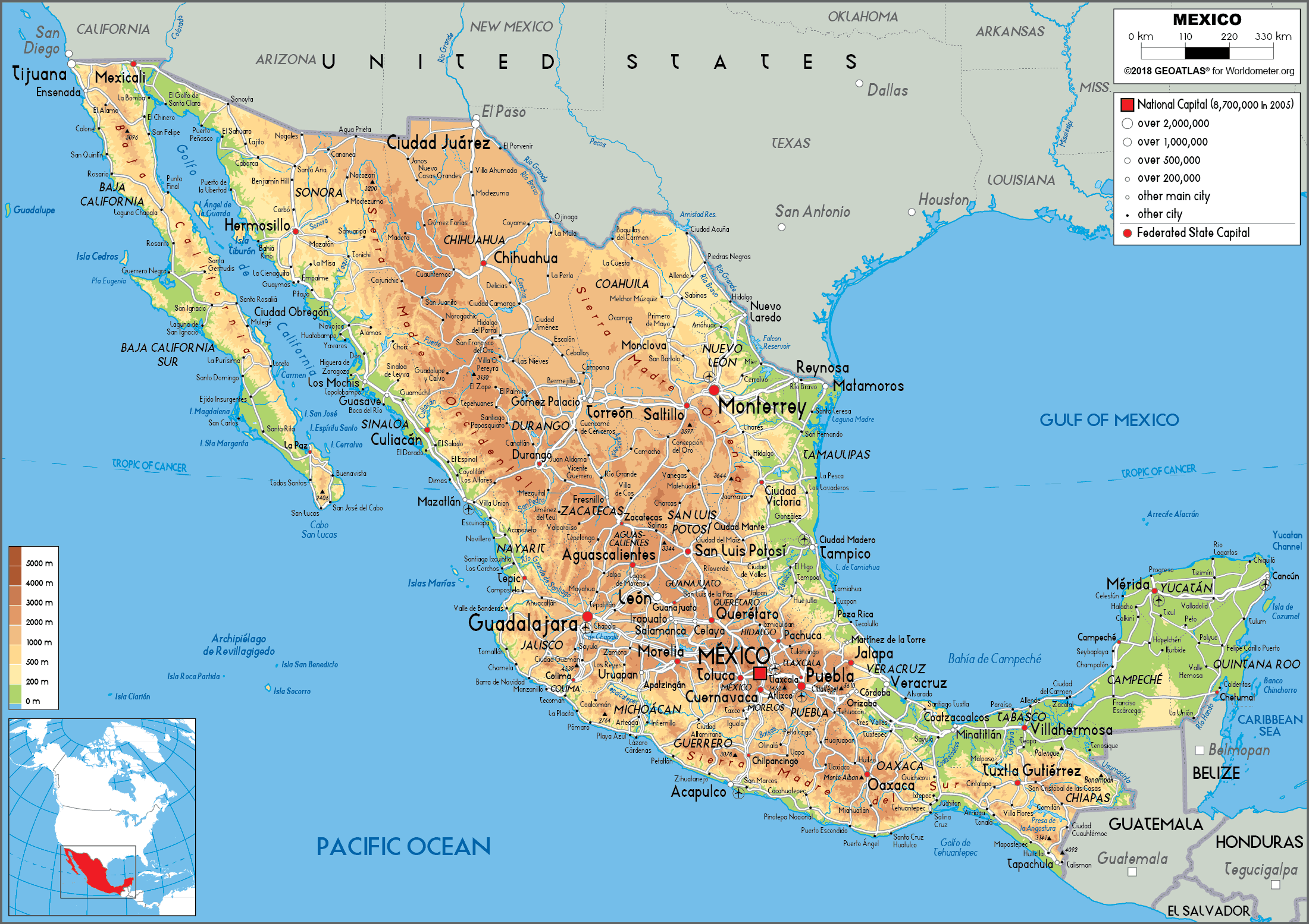 mexico on the map Mexico Map Physical Worldometer mexico on the map