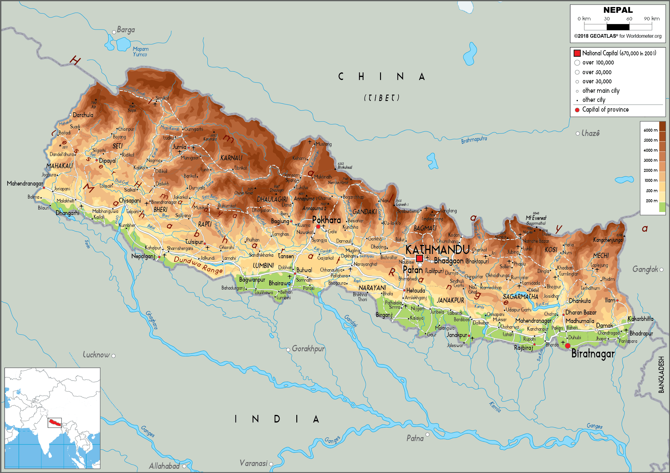 Nepal Map Physical Worldometer