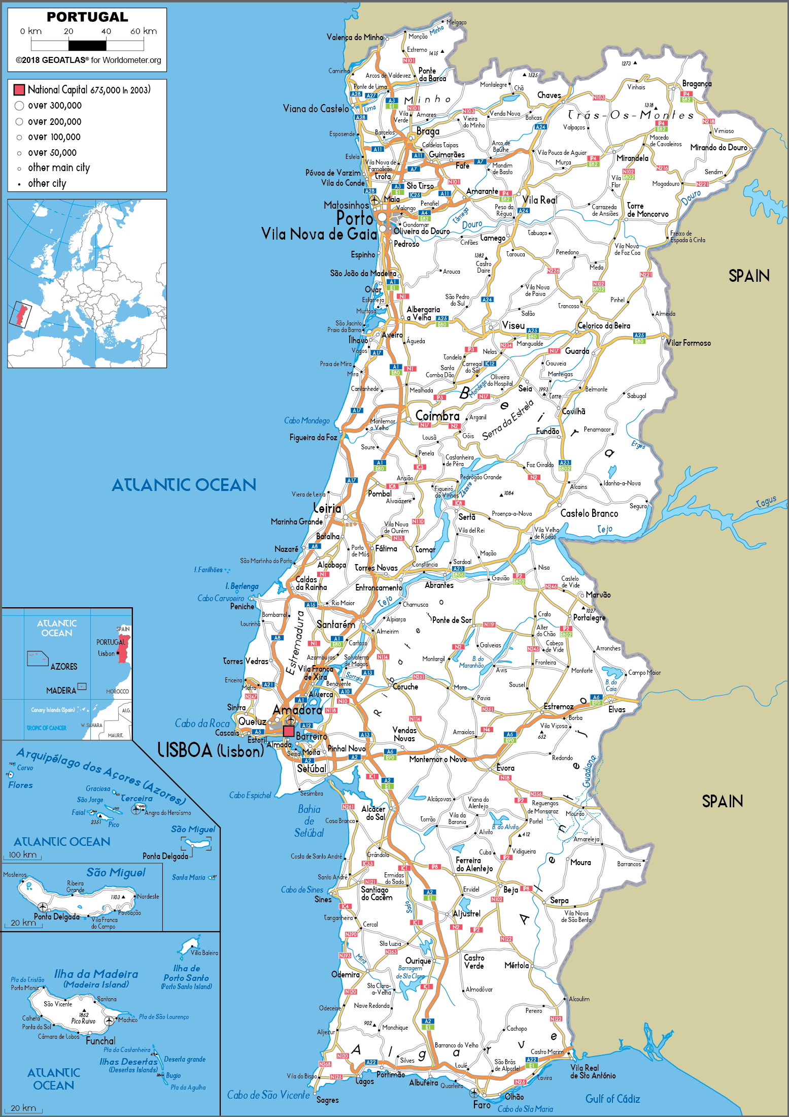 Portugal Map (Road) - Worldometer