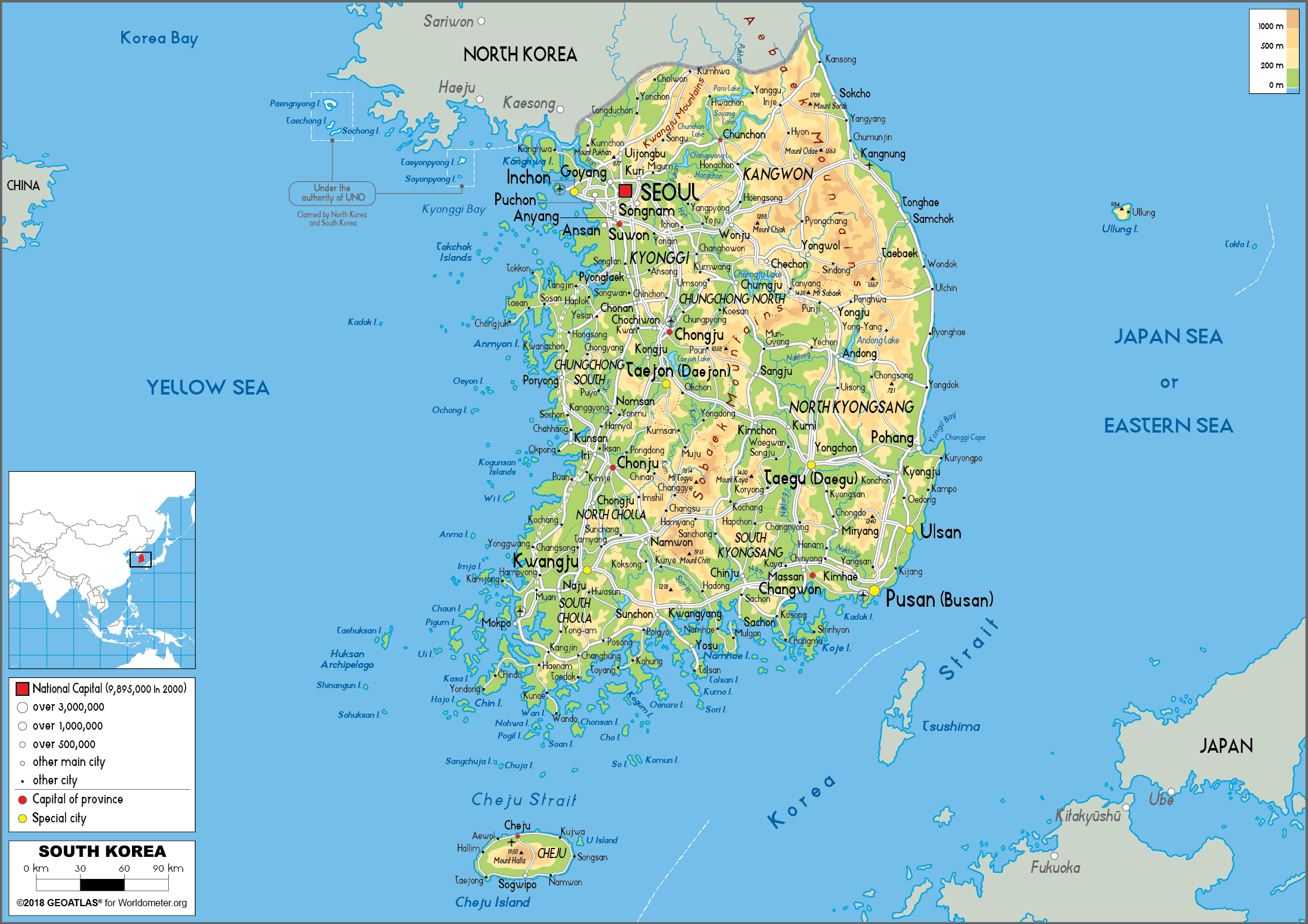 South Korea Physical Map 