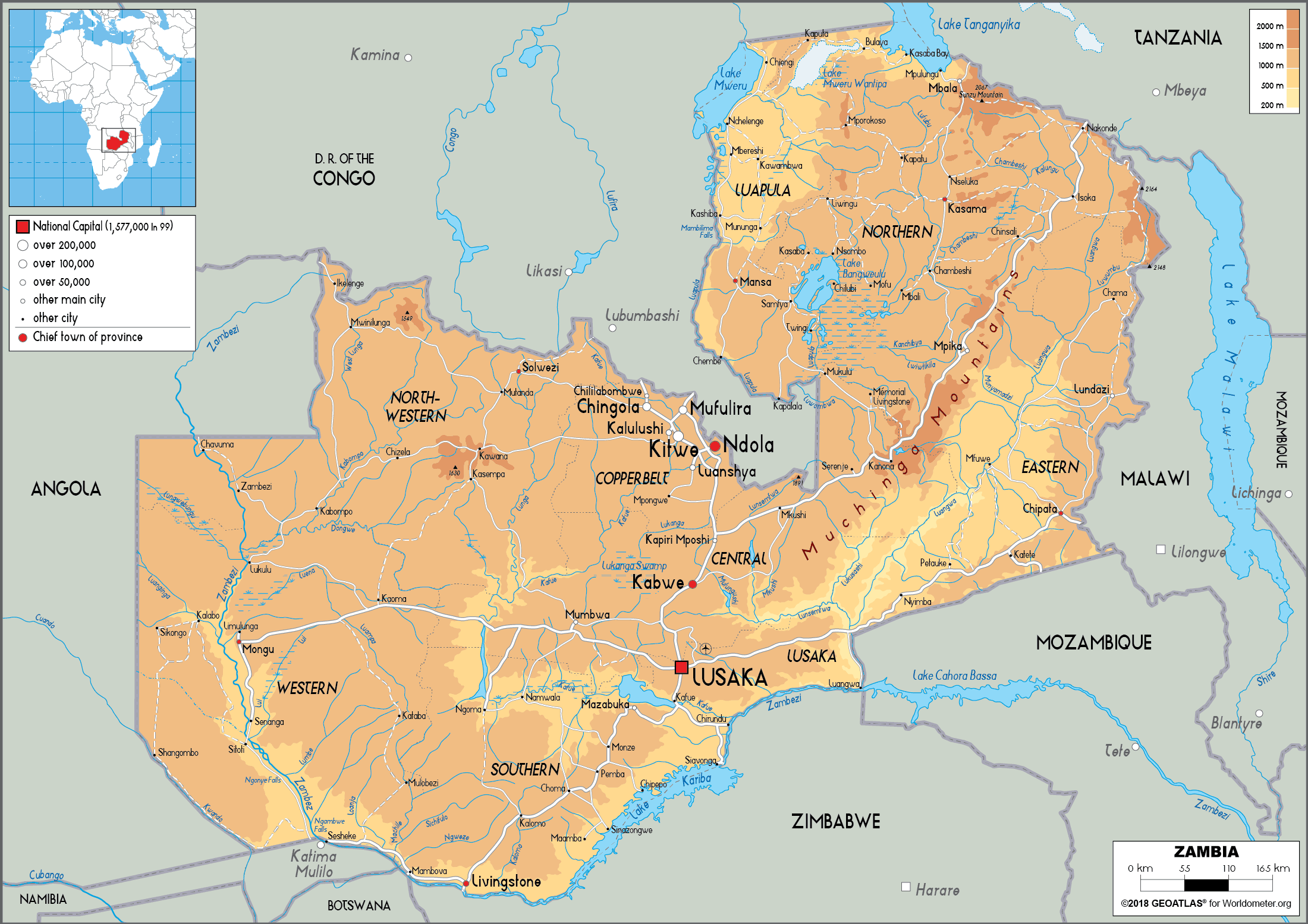 Zambia Map (Physical) - Worldometer