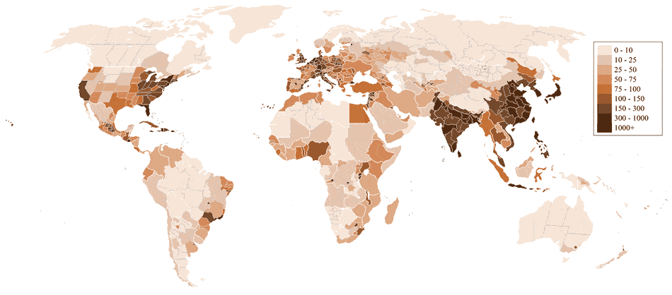 population density map of the world 2022